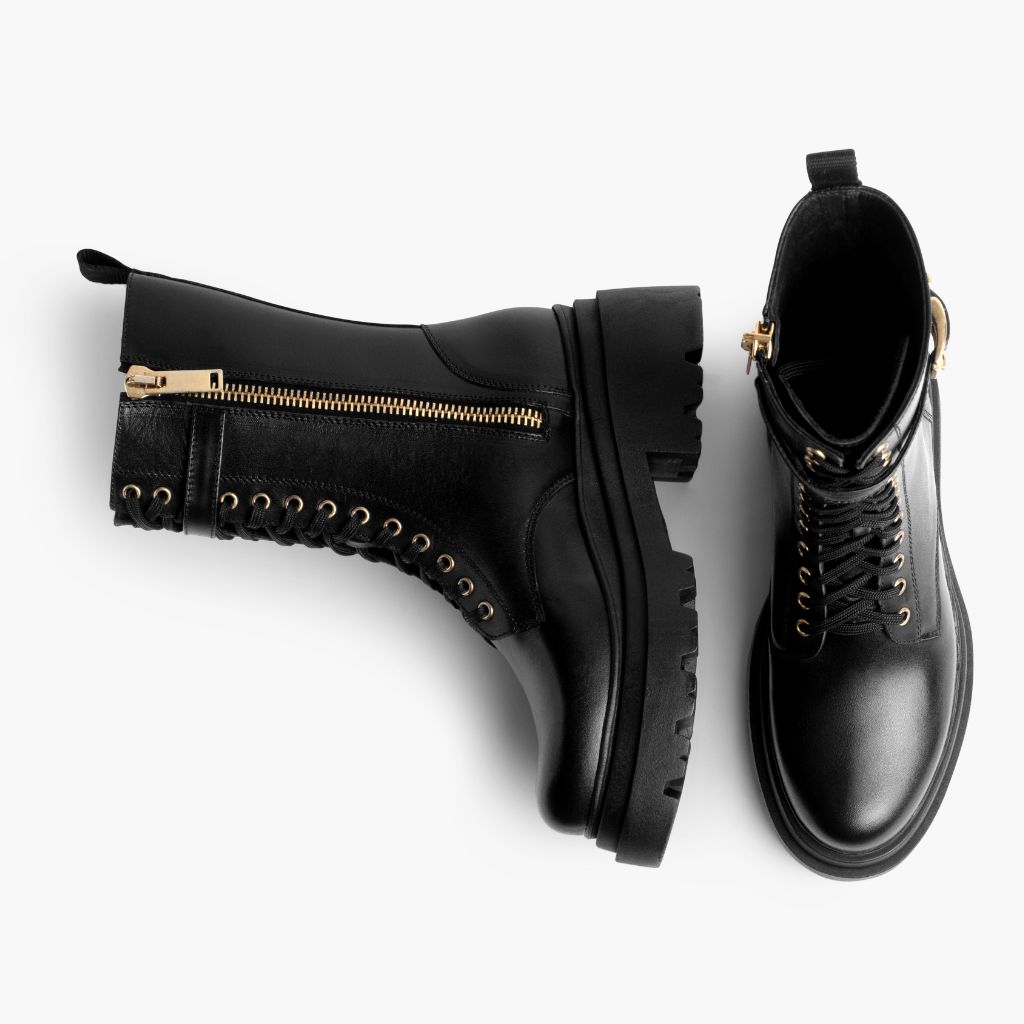 High-Traction Rubber Outsole & Lug Tread Pattern on Fatale Чорний & Gold Шкіряні черевики для Жінок