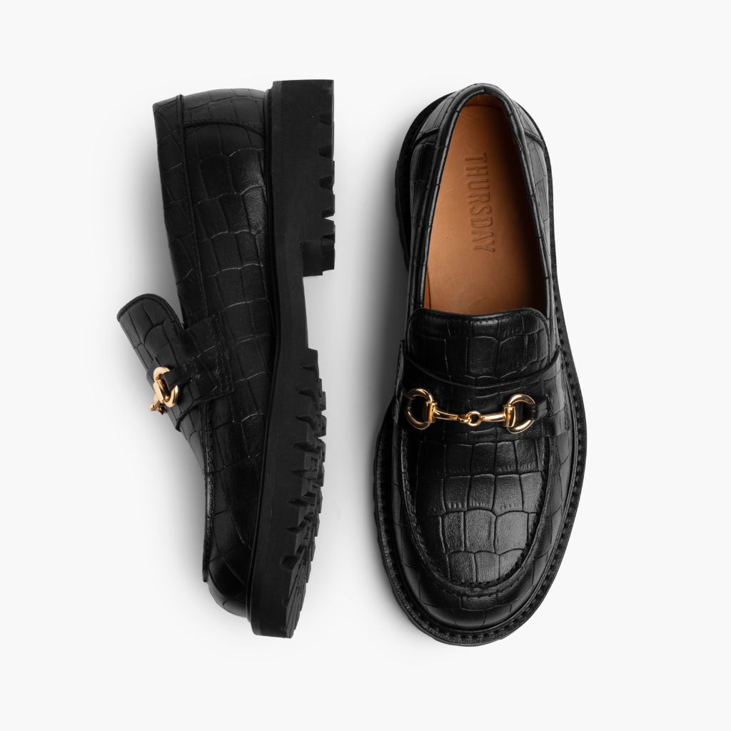 Penny Чорний & Gold Croco Шкіряні лофери для Жінок - Посилений задник та точна подвійна строчка