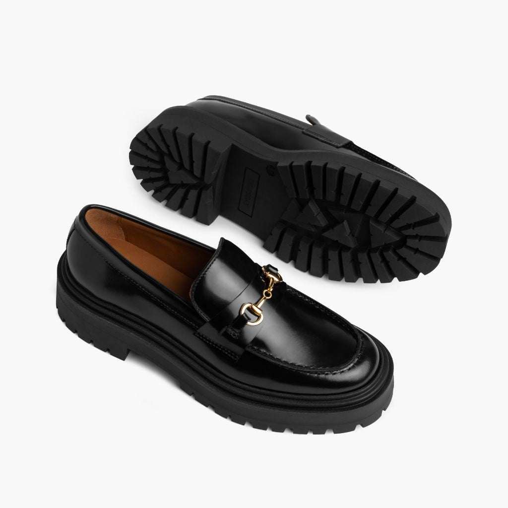 High-Traction Rubber Outsole & Lug Tread Pattern on Penny Platform Чорний & Gold Шкіряні лофери для Жінок