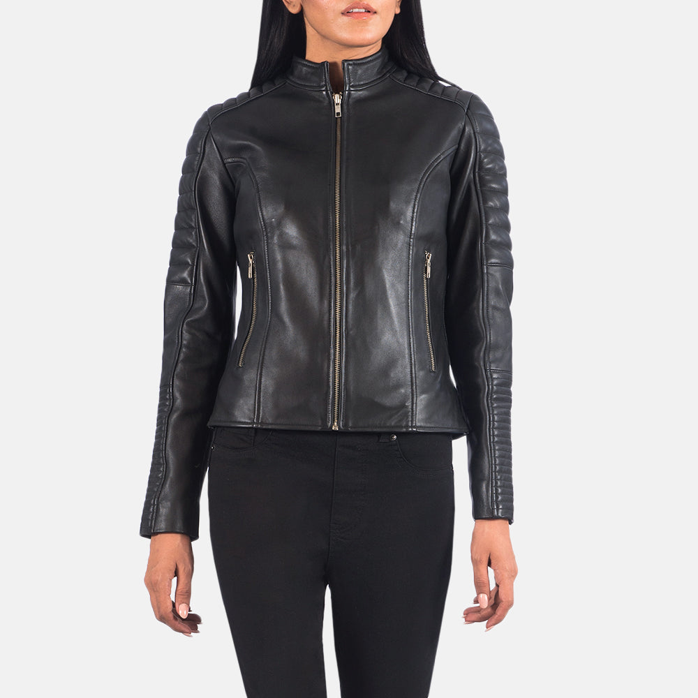 
Black Sheepskin Leather Biker Jacket - Вигляд ззаду з ідеальною посадкою по плечах та рівним подолом