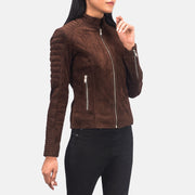Women's Adalyn Quilted Mocha Suede Biker Jacket - Lateral Side Profile View Showing Sleeve Cut &amp; Athletic Taper Fit