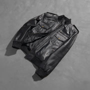 Styled Fit Perspective of Men's Agent Shadow Black Leather Bomber Jacket on Model - Natural Daylight Drape