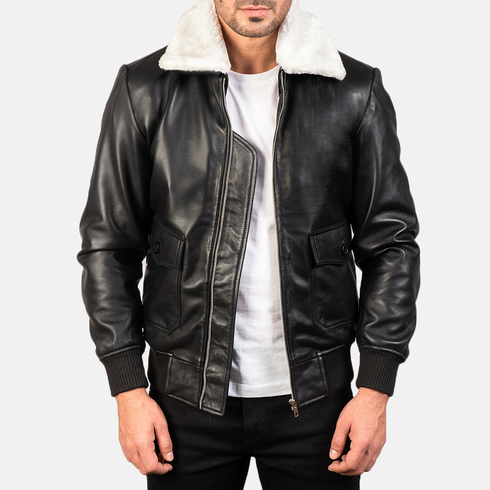 
Airin G-1 Black & White Leather Bomber Jacket in Black Sheepskin Leather - Вигляд спереду та приталений силует | Купити в офіційному онлайн-магазині