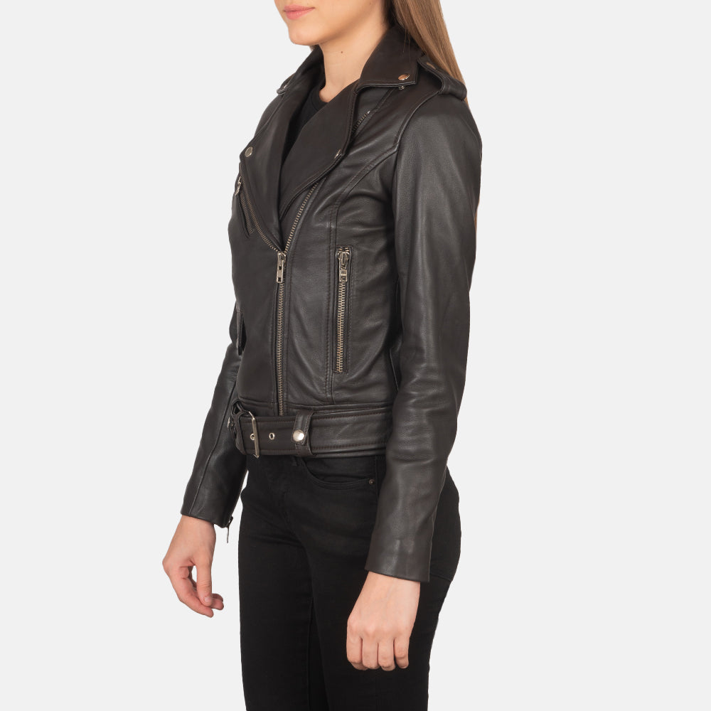 
Brown Sheepskin Leather Biker Jacket - Вигляд ззаду з ідеальною посадкою по плечах та рівним подолом