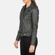 
Green Sheepskin Leather Biker Jacket - Вигляд ззаду з ідеальною посадкою по плечах та рівним подолом