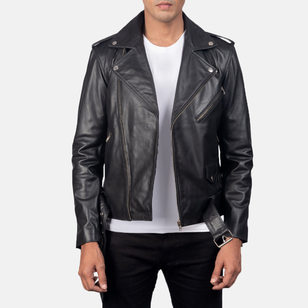 
Allaric Alley Black Leather Biker Jacket in Black Cowhide Leather - Вигляд спереду та приталений силует | Купити в офіційному онлайн-магазині