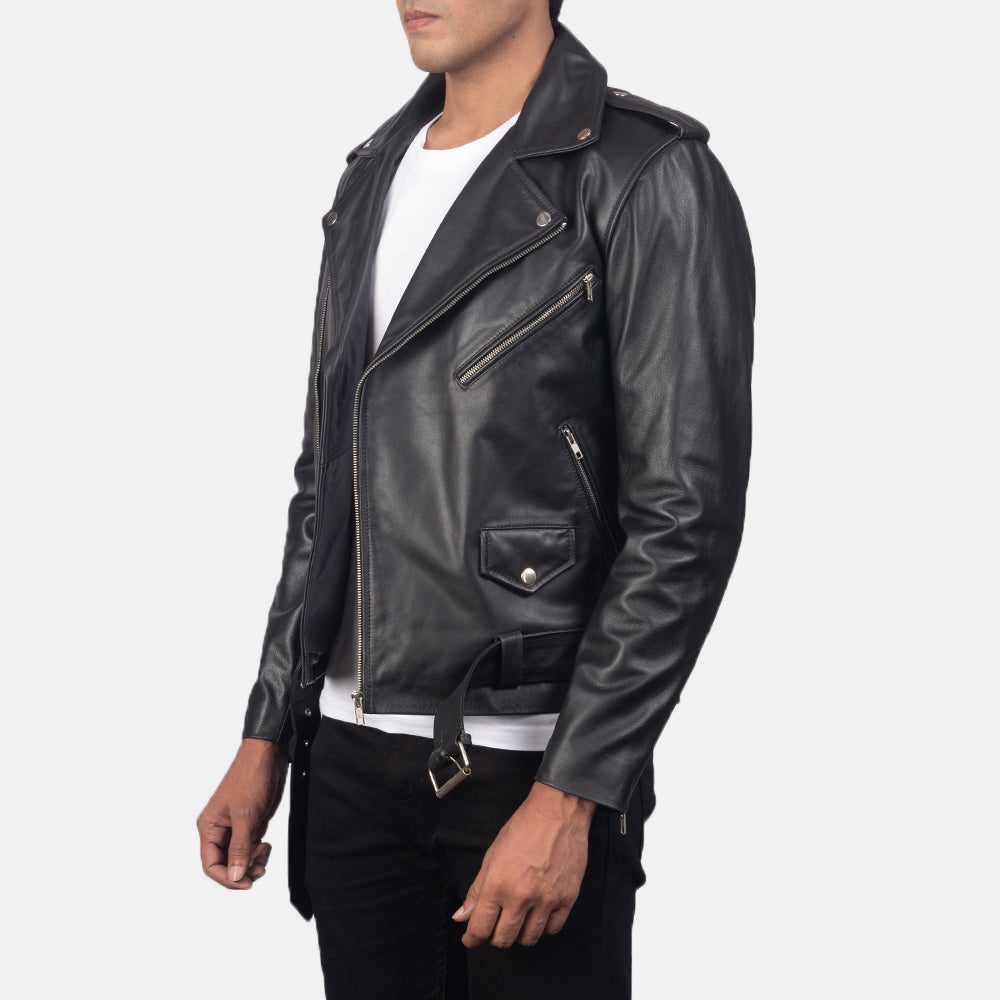 
Black Cowhide Leather Biker Jacket - Вигляд ззаду з ідеальною посадкою по плечах та рівним подолом