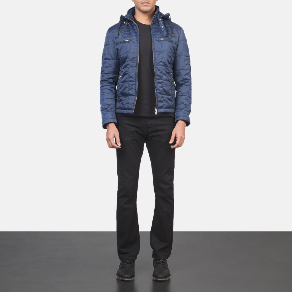 
Крупний план деталей of High neck with Belt & Zipper Hardware on Alps Quilted Blue Windbreaker Jacket
