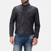 Austere Matte Black Leather Biker Jacket in Black Calfskin Matte - Front Profile View &amp; Tailored Silhouette | Buy Online