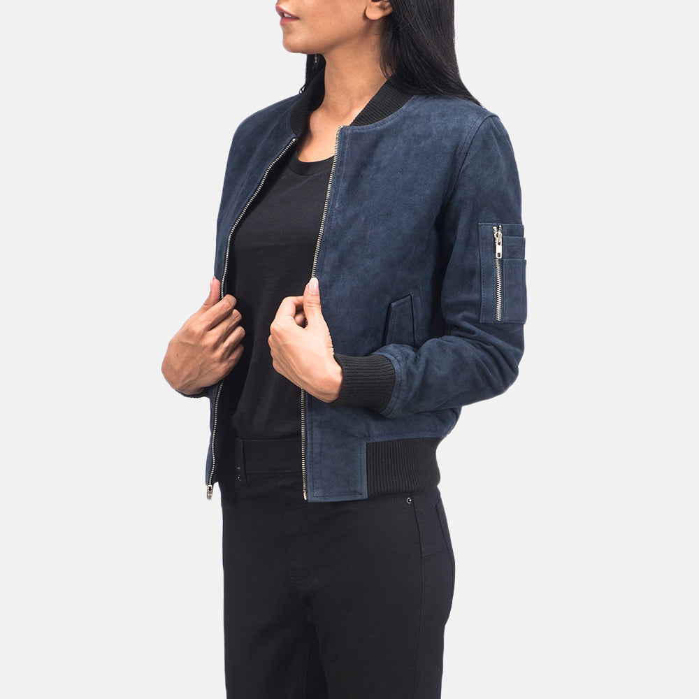 
Blue Sheepskin Suede Bomber Jacket - Вигляд ззаду з ідеальною посадкою по плечах та рівним подолом