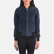 
Крупний план деталей of Rib Knit & Zipper Hardware on Ava Ma-1 Blue Suede Bomber Jacket