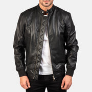 
Avan Black Leather Bomber Jacket in Black Cowhide (Torso) &Amp; Goatskin (Sleeves) Leather - Вигляд спереду та приталений силует | Купити в офіційному онлайн-магазині