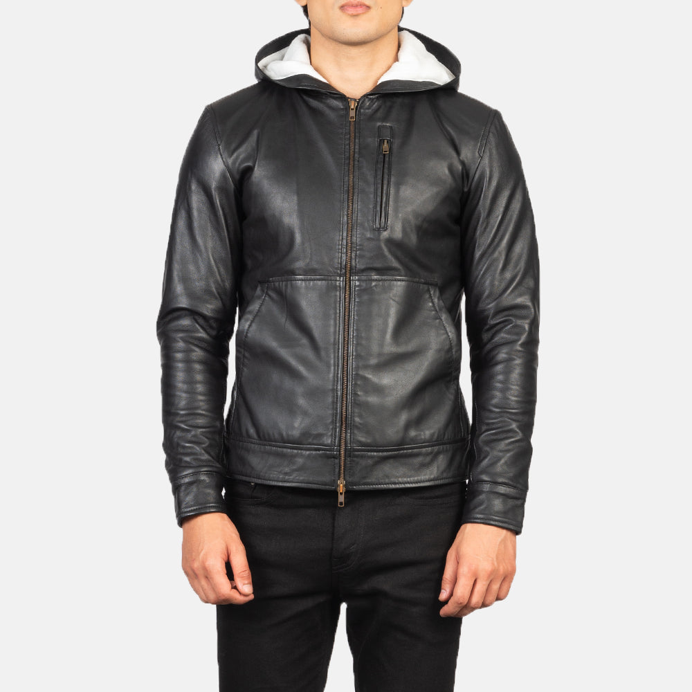 
Крупний план деталей of Hooded & Zipper Hardware on Baston Black Hooded Leather Bomber Jacket