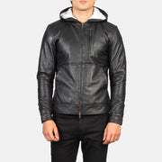 
Крупний план деталей of Hooded & Zipper Hardware on Baston Black Hooded Leather Bomber Jacket