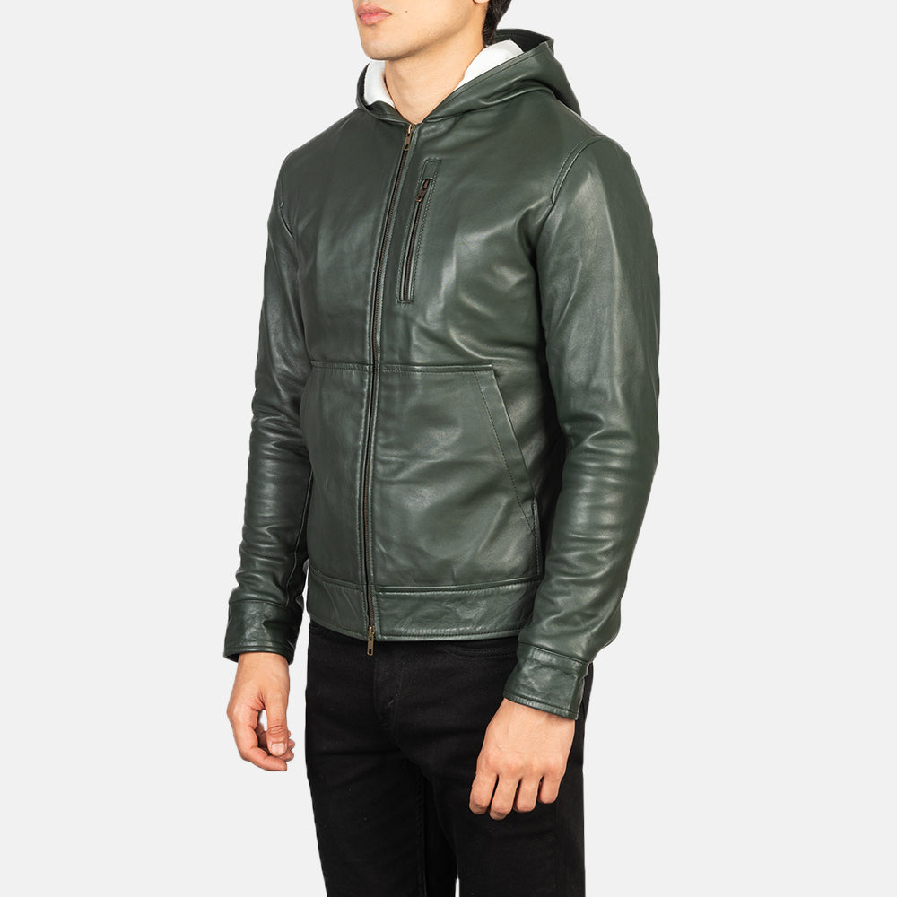 
Як виглядає на людині:  Baston Black Hooded Leather Bomber Jacket на моделі — природне спадання при денному світлі