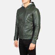 
Як виглядає на людині:  Baston Black Hooded Leather Bomber Jacket на моделі — природне спадання при денному світлі