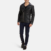 Men's Black Studded Leather Biker Jacket - Lateral Side Profile View Showing Sleeve Cut &amp; Athletic Taper Fit