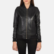 
Крупний план деталей of Varsity - Rib Knit & Zipper with Wind Flap Hardware on Bliss Чорний Шкіряний бомбер для Жінок