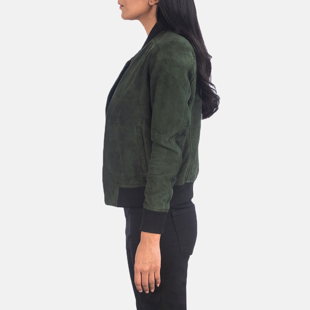 
Green Goatskin Suede Bomber Jacket - Вигляд ззаду з ідеальною посадкою по плечах та рівним подолом