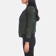 
Green Goatskin Suede Bomber Jacket - Вигляд ззаду з ідеальною посадкою по плечах та рівним подолом