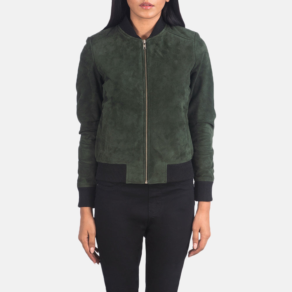 
Крупний план деталей of Varsity - Rib Knit & Zipper with Wind Flap Hardware on Bliss Оливковий Suede Шкіряний бомбер для Жінок