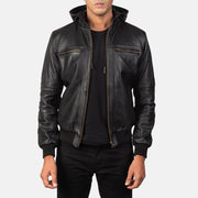 
Bouncer Biz Black Leather Hooded Bomber Jacket in Black Cowhide Leather - Вигляд спереду та приталений силует | Купити в офіційному онлайн-магазині