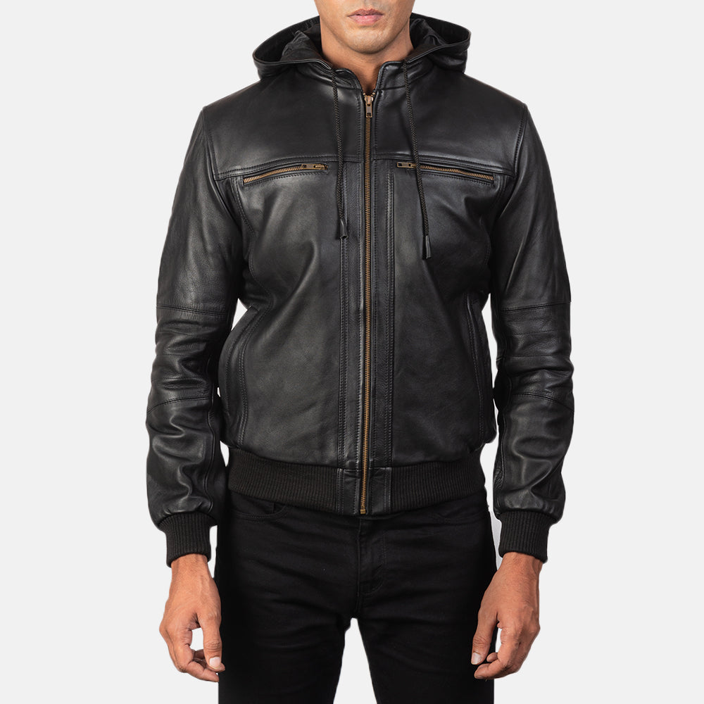 
Bouncer Biz Black Leather Hooded Bomber Jacket - Вигляд збоку з ергономічним кроєм рукава