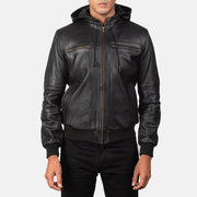 
Bouncer Biz Black Leather Hooded Bomber Jacket - Вигляд збоку з ергономічним кроєм рукава