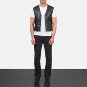 Men's Brandon Black Leather Vest - Lateral Side Profile View Showing Sleeve Cut &amp; Athletic Taper Fit