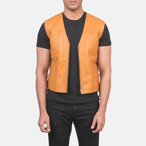 Men's Brandon Tan Brown Leather Vest in Tan Brown Sheepskin Leather - Front Profile View & Tailored Silhouette | Buy Online