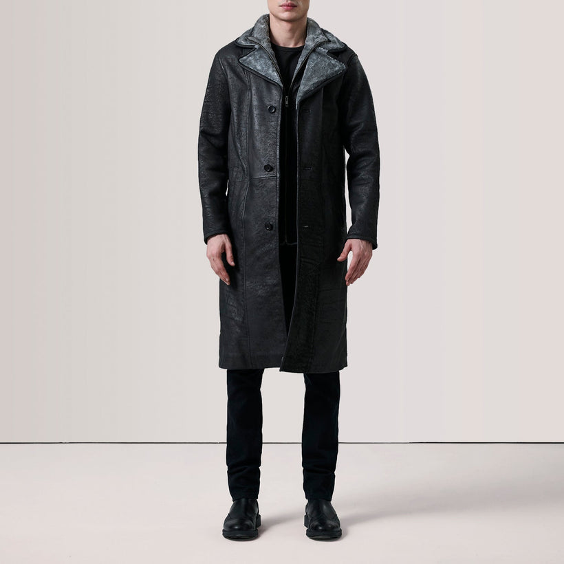 Cai Distressed Чорний Leather Shearling Шкіряне пальто для Чоловіків
