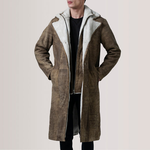Cai Distressed Brown Leather Shearling Coat For Men in Distressed Brown Sheepskin Snuffed - Front Profile View & Tailored Silhouette | Buy Online