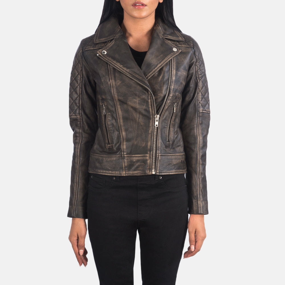 
Крупний план деталей of Notch & Zipper Hardware on Carolyn Quilted Distressed Brown Biker Jacket