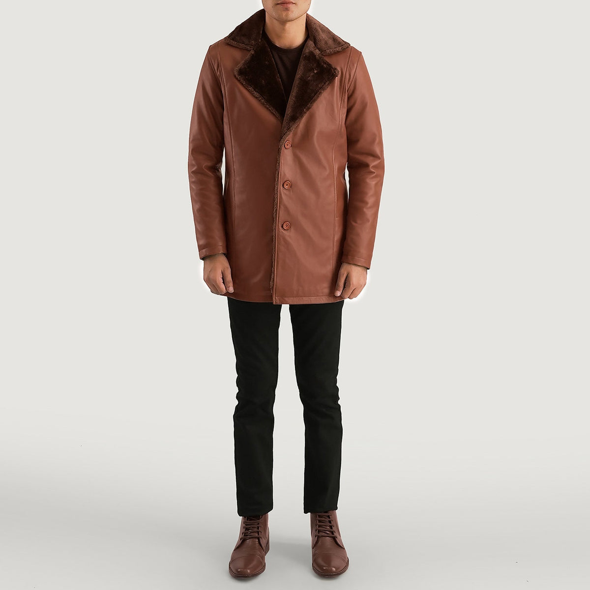 
Cinnamon Коричневий Leather Fur Шкіряне пальто для Чоловіків - Вигляд збоку з ергономічним кроєм рукава