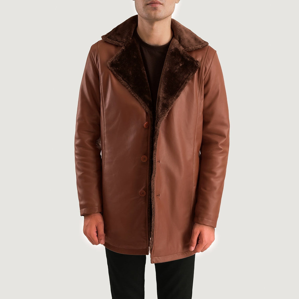 
Крупний план деталей of Shirt & Button Hardware on Cinnamon Коричневий Leather Fur Шкіряне пальто для Чоловіків