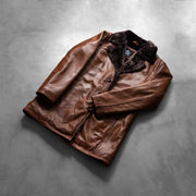 
Open Hem & Hem Craftsmanship Construction Detail on Cinnamon Distressed Leather Fur Шкіряне пальто для Чоловіків