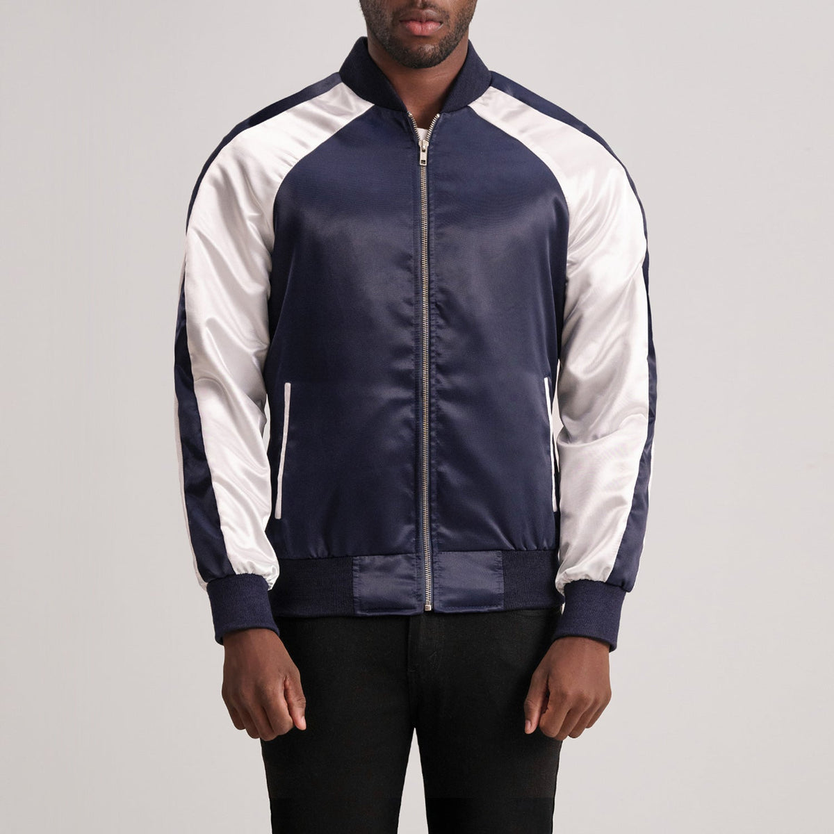 Clarke Blue Varsity Jacket in Blue &amp; White Satin - Front Profile View &amp; Tailored Silhouette | Buy Online