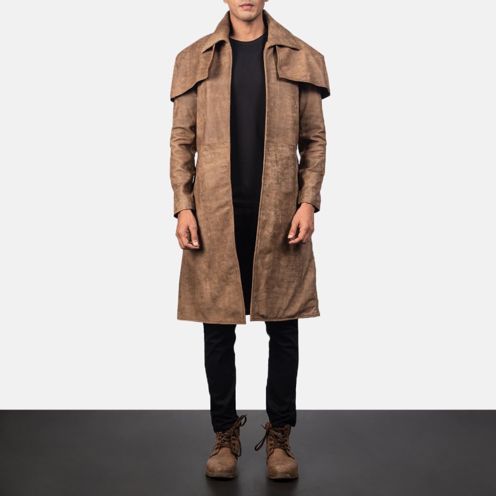 
Classic Коричневий Leather Duster для Чоловіків in Distressed Brown Sheepskin Snuffed - Вигляд спереду та приталений силует | Купити в офіційному онлайн-магазині