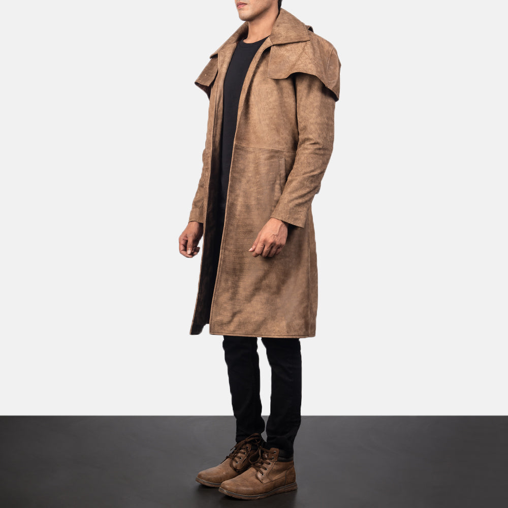 
Distressed Brown Sheepskin Snuffed Trench Coat - Вигляд ззаду з ідеальною посадкою по плечах та рівним подолом