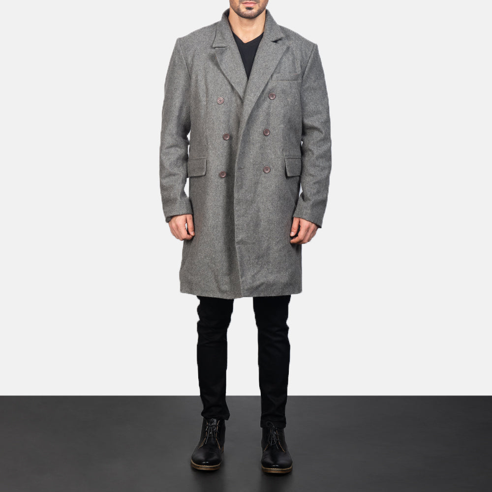 Men's Claud Grey Wool Double Breasted Coat - Lateral Side Profile View Showing Sleeve Cut &amp; Athletic Taper Fit