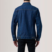 
Крупний план деталей of Classic Collar & Heavy-Duty Zipper Hardware on Conard Dark Синій Denim Trucker Шкіряна куртка для Чоловіків For Men