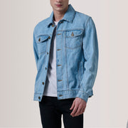 
Conard Light Синій Denim Trucker Шкіряна куртка для Чоловіків For Men in Light Blue Full-Grain Leather - Вигляд спереду та приталений силует | Купити в офіційному онлайн-магазині