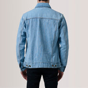 
Крупний план деталей of Classic Collar & Heavy-Duty Zipper Hardware on Conard Light Синій Denim Trucker Шкіряна куртка для Чоловіків For Men