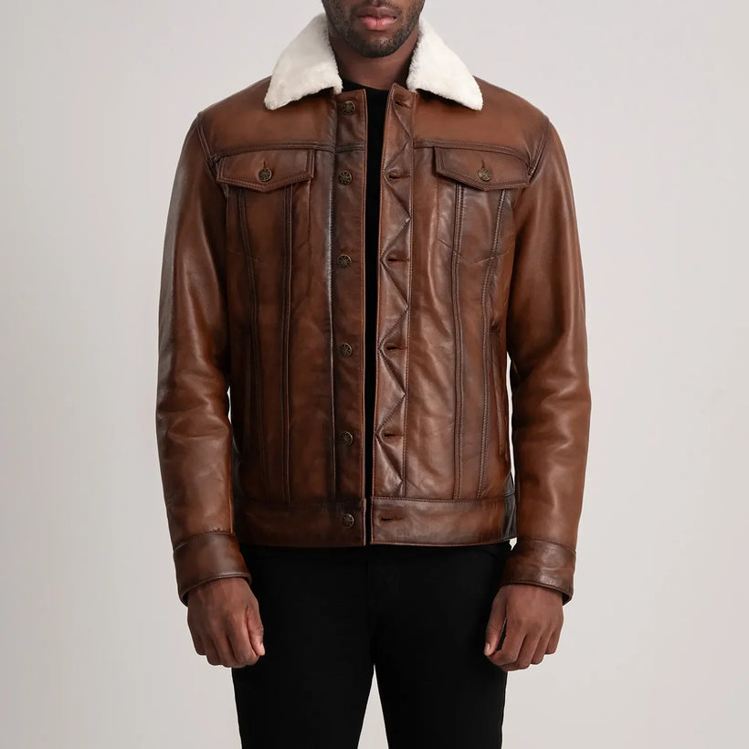 Dallis Коричнева Leather Shearling Trucker Шкіряна куртка чоловіча