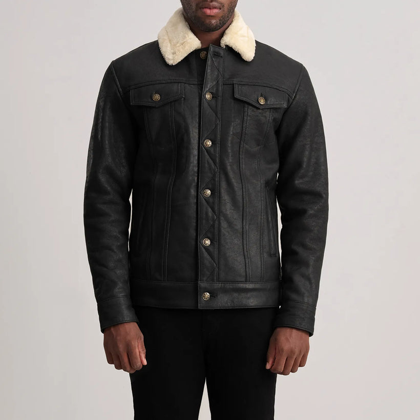 Dallis Distressed Чорна Leather Shearling Trucker Шкіряна куртка чоловіча