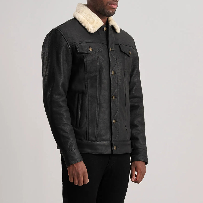 Dallis Distressed Чорна Leather Shearling Trucker Шкіряна куртка чоловіча