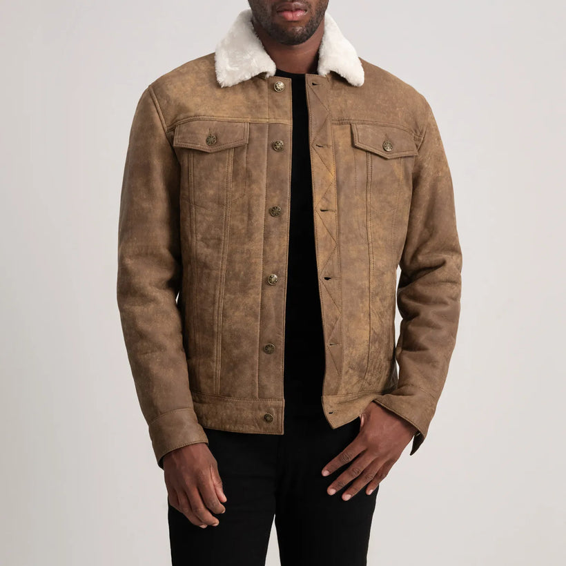 Dallis Distressed Коричнева Leather Shearling Trucker Шкіряна куртка чоловіча