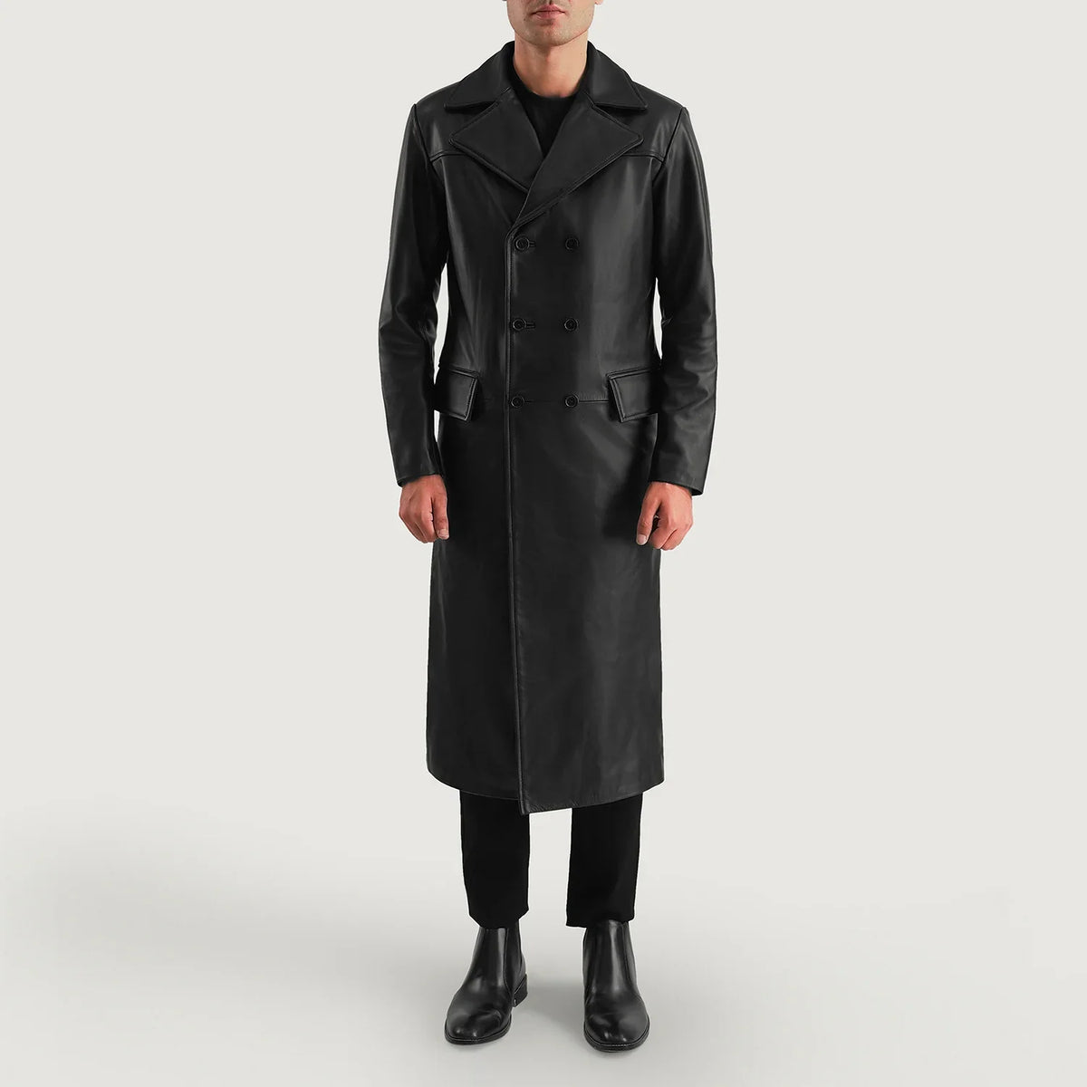 
Delmar Black Leather Double Breasted Coat - Вигляд збоку з ергономічним кроєм рукава