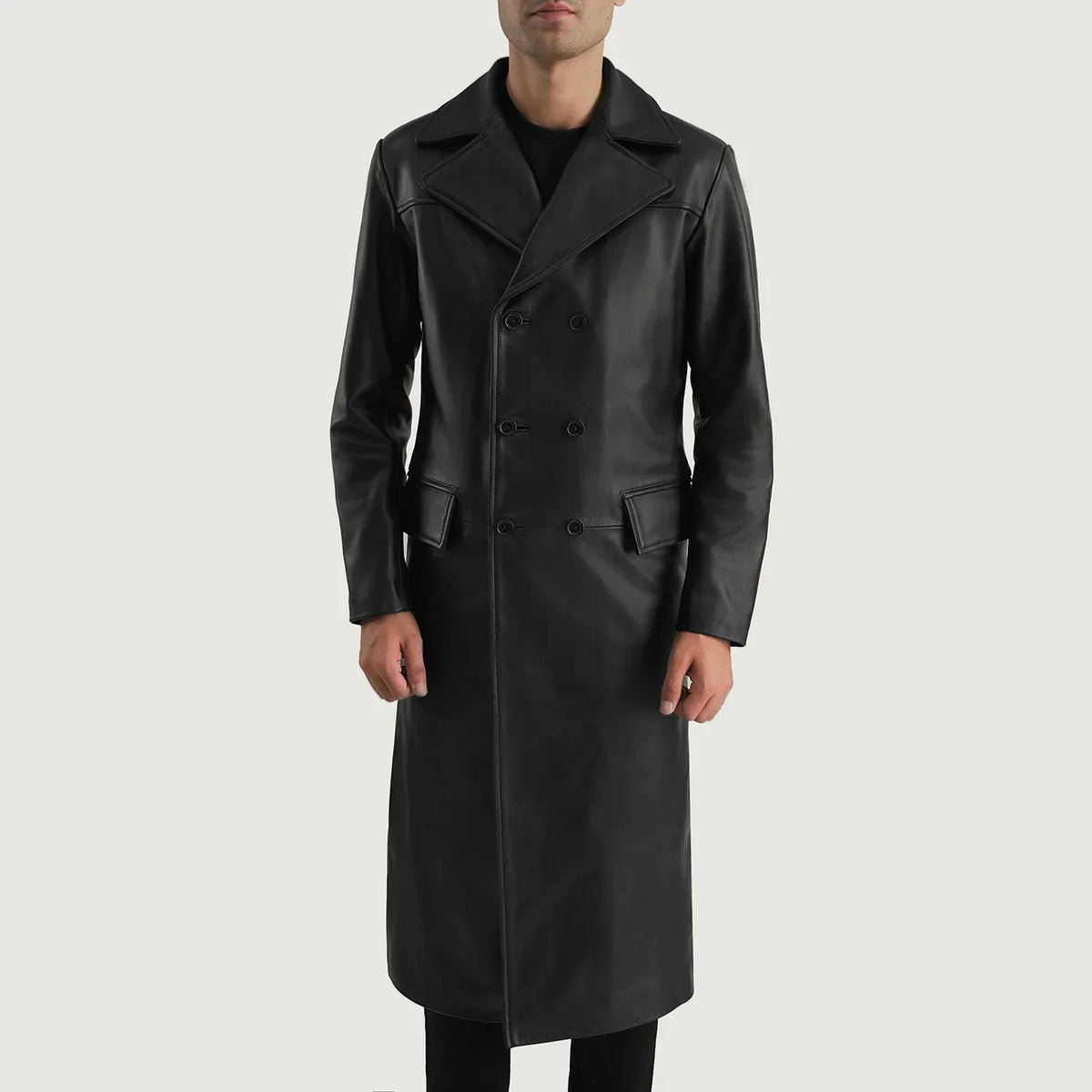 
Крупний план деталей of Notch & Button Hardware on Delmar Black Leather Double Breasted Coat