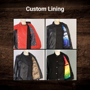 
Як виглядає на людині:  Design Your Custom Leather Jacket | Free Shipping & Alteration на моделі — природне спадання при денному світлі